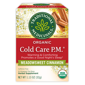 Traditional Medicinals logo. Seasonal Wellness. Organic Cold Care P.<. Warming & Comforting Promotes a Good Night's Sleep. MEADOWSWEET CINNAMON. Caffeine Free. 16 Wrapped Tea Bags. Herbal Supplement. NET WT 1.13 OZ (32g). USDA ORGANIC logo View 1