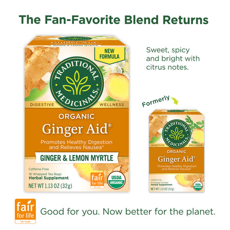 Two boxes of Traditional Medicinals Organic Ginger Aid with branding and product details.