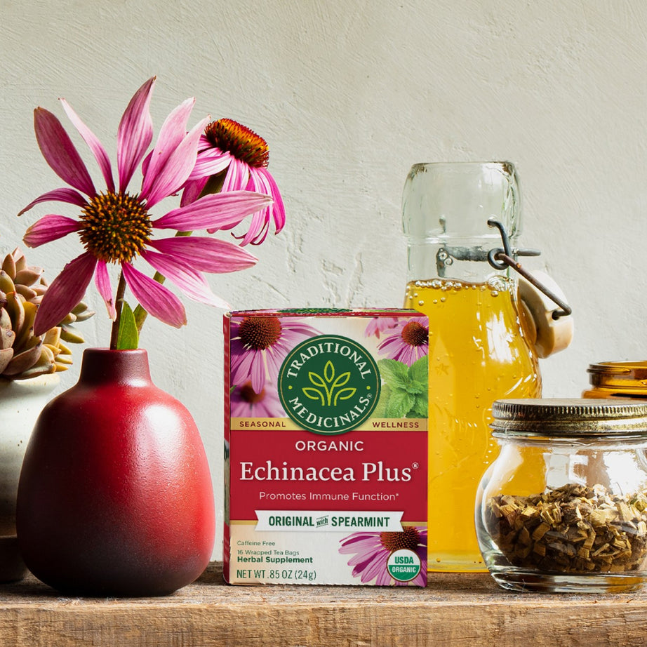 A box of Echinacea Plus® Tea, adorned with an illustration of an echinacea flower in a vase, rests amid herbal jars and honey on a wooden surface, supporting your immune system. View 2