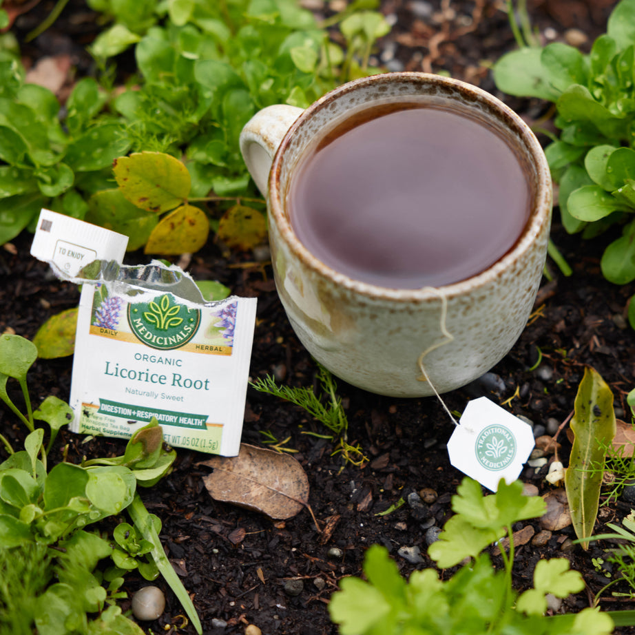 A cup of Licorice Root Tea and an open packet sit atop the soil, encircled by vibrant greenery, creating a tranquil scene that suggests wellness for digestive health. View 2