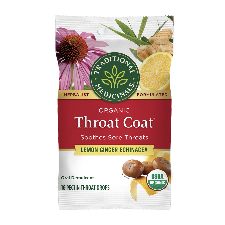 Packaging of Throat Coat Lemon Ginger Echinacea Lozenges with images of a lemon, ginger root, and an echinacea flower. The product is marked as USDA Organic.