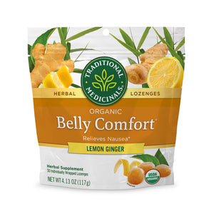 Traditional Medicinals logo. Herbal. Lozenges. Organic. Belly Comfort. Relieves Nausea. Lemon Ginger. Herbal Supplement. 30 Individually Wrapped Lozenges. NET WT 4.13 OZ (117g). USDA ORGANIC logo. View 1