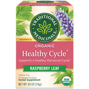 Traditional Medicinals logo. Women's. Wellness. Organic Healthy Cycle. Supports a Healthy Menstrual Cycle. Raspberry Leaf. Caffeine Free 16 Wrapped Tea Bags. Herbal Supplement. NET WT .85 OZ (24g). USDA ORGANIC logo View 1