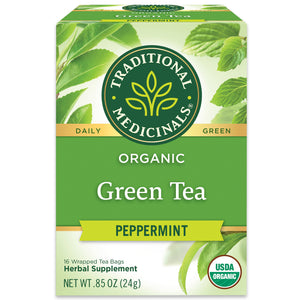 Traditional Medicinals logo. Daily. Green. Organic Green Tea Peppermint. 16 Wrapped Tea Bags. Herbal Supplement. NET WT .85 OZ (24g). USDA ORGANIC logo View 1