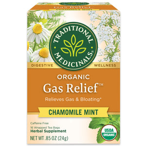 Traditional Medicinals. Digestive. Wellness. Organic Gas Relief. Relieves Gas & Bloating. Chamomile Mint. Caffeine Free. 16 Wrapped Tea Bags. Herbal Supplement. NET WT .85 OZ (24g). USDA ORGANIC logo View 1